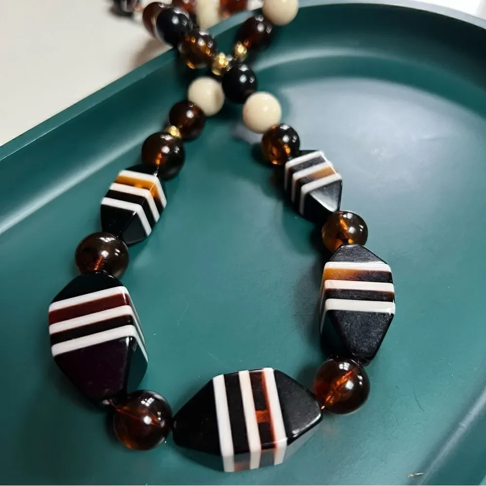 Gorgeous Neutral Tone Vintage 1970s 3D Geometric Block Beads Statement Necklace